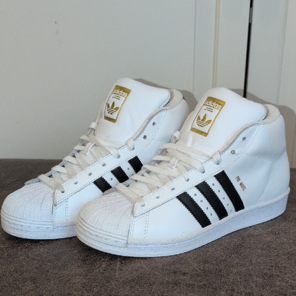 Adidas Pro Model White with Black Stripes and Gold Logo